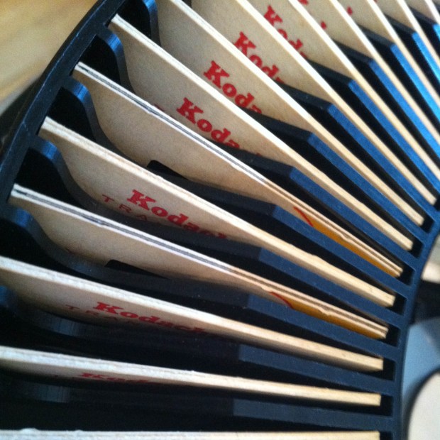 Scanning and Digitizing-Extreme closeup of slides in slide carousel tray