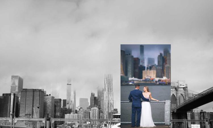 custom photo book design-wedding album layout photo of ny city with couple superimposed in color