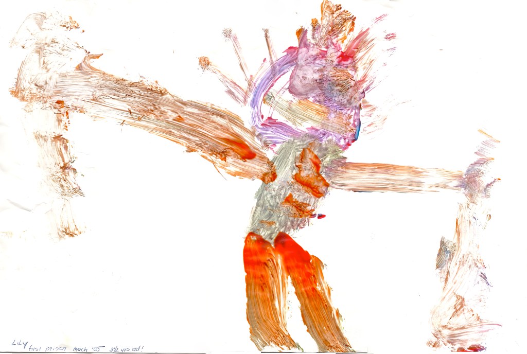 Childs Artwork Fingerpainted figure in bright colors